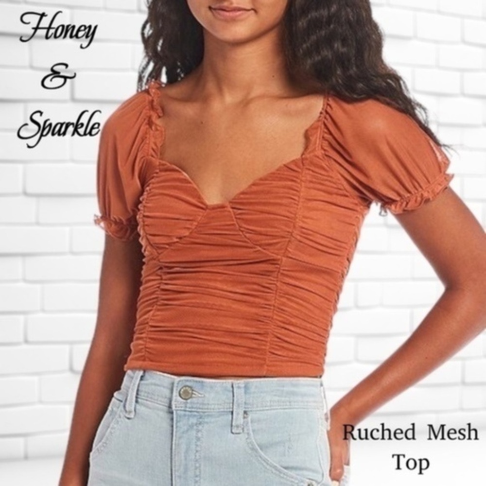 HONEY & SPARKLE Ruched Mesh Short Puff Sleeve Sweetheart Neck Crop Top/XL NWT